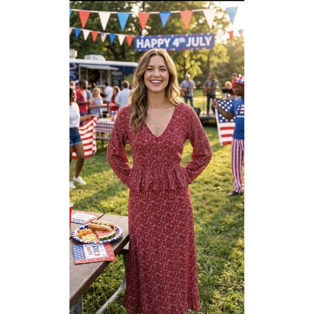 Aller Simplement Red& White Paisley Bohemian Floral Maxi Dress - Size XL